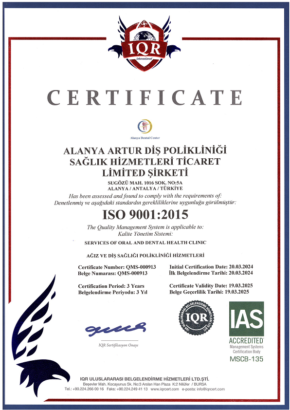 alanya dental center qualified sertificate ISO 2024 new set of teeth turkey
